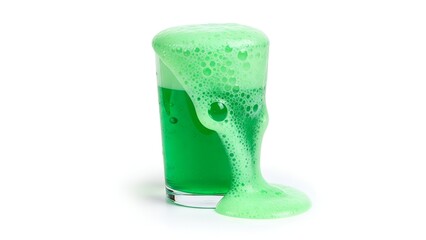 Creepy green slime potion with bubbling foam erupting and overflowing from a glass beaker in a spooky science experiment isolated on a white background