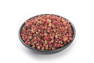 Dried Sichuan Dahongpao Peppercorns in Bowl on White Background