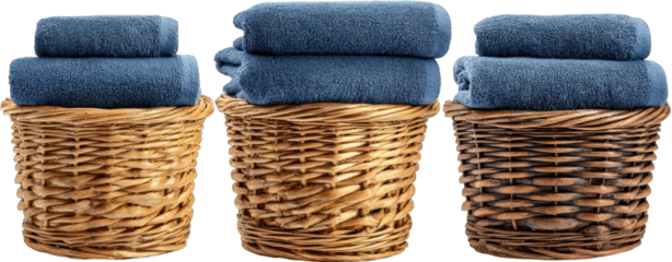 Wicker baskets holding stacks of blue towels