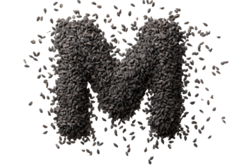 Capital letter "M" formed from black seeds, with scattered seeds