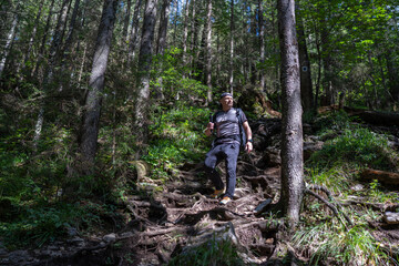 Hiker filming on forest trail