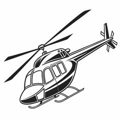 Illustration of a detailed black and white helicopter with rotating blades in a side view angle created with generated ai