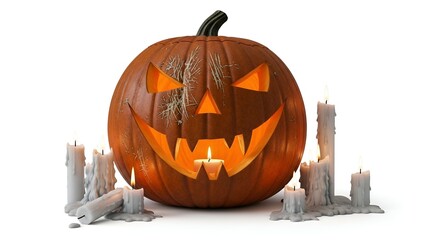 Spooky Halloween Jack-o'-lantern carved from a pumpkin with melting candles on a white background