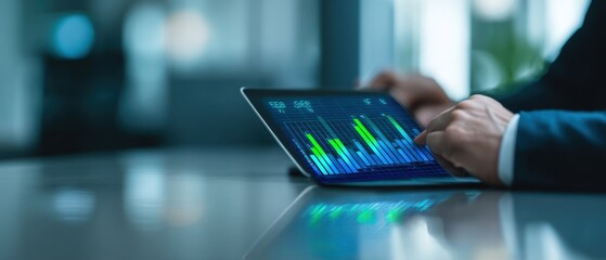 The businessman analyzing financial data on a modern tablet in an office setting.