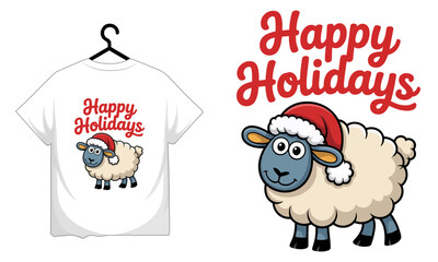 Happy holidays text with sheep wearing santa hat on white tshirt