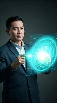 Visionary's Interface: A sophisticated professional, deeply engrossed in a luminous holographic interface, represents the cusp of technological innovation and futuristic possibilities.