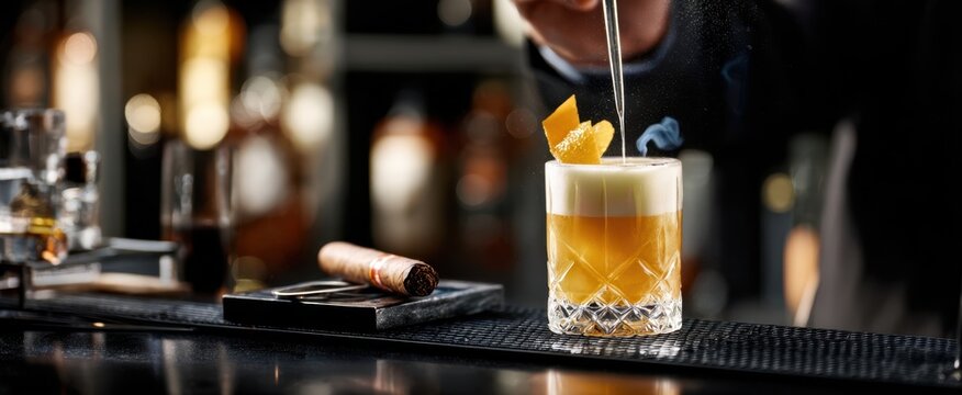 The bartender meticulously prepares a cocktail at a sophisticated bar setting.