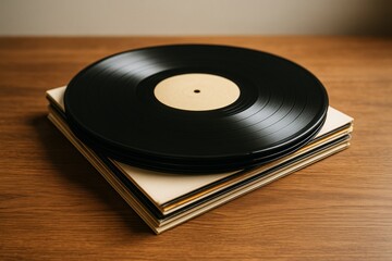 Blank vinyl record mockup on stack of album covers over wooden surface for clean music branding or product presentation background concept. Ai generative