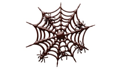 Creepy melted chocolate spiderweb featuring small crawling arachnids, isolated on a crisp white background, perfect for spooky holiday themes or dessert designs