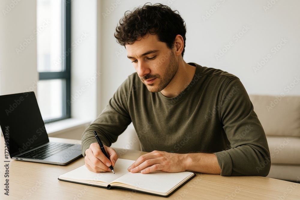 Poster man writing in notebook beside laptop in bright modern interior with natural light and soft backgrou