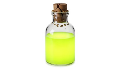 A small glass bottle with a cork stopper containing a vibrant neon yellow liquid, isolated on a white background, perfect for mystical or alchemical themes