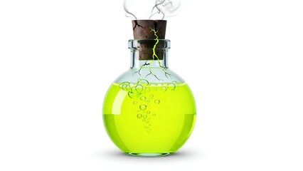 Creepy neon yellow potion with cracked cork isolated on white background