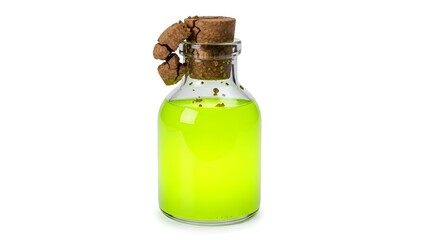 Mysterious alchemical elixir with a glowing yellow-green liquid in a vintage corked bottle, isolated on a stark white background for fantasy themes