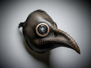 A creepy historical plague doctor mask with a distinctive long beak and a shattered glass eye lens, isolated on a clean white background