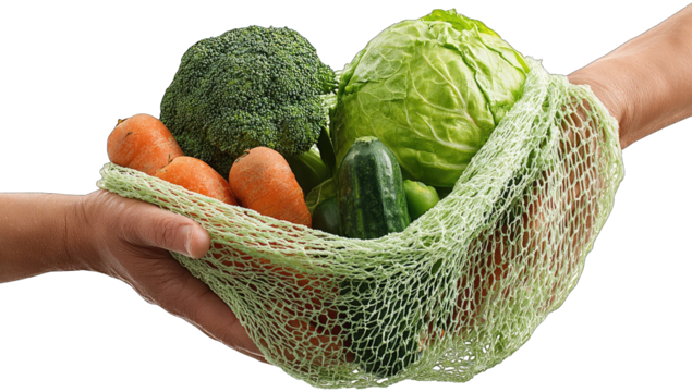 Hands holding a mesh bag filled with fresh vegetables