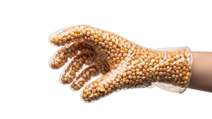 A creepy and unusual hand made from unpopped popcorn kernels inside a transparent plastic glove, isolated on a clean white background