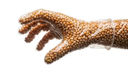 An artistic and somewhat unsettling hand sculpture, meticulously formed by raw popcorn kernels encased within a transparent plastic glove, isolated on a clean white background