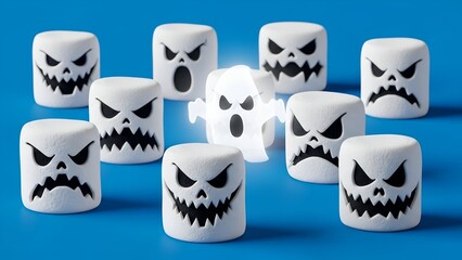 Ghostly white marshmallows with scary faces gather around a luminous spectral figure, creating a spooky and fun Halloween treat display on a vibrant blue background