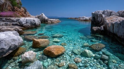 Fototapeta premium Crystal Clear Mediterranean Sea with Rocky Shoreline and Floral Accents in Sunny Weather