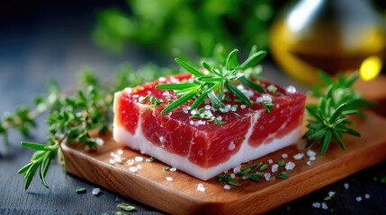Cured Pork Belly Square with Fresh Rosemary on Wood Cutting Board Gourmet Meat Slice Detail
