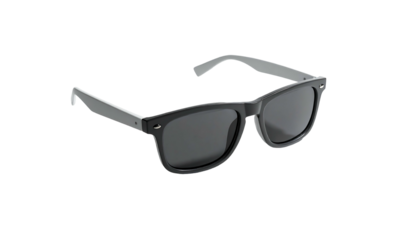 Sleek, black, square-framed sunglasses with dark gray lenses, subtly curved temples, and small, discreet accents at the temples and front
