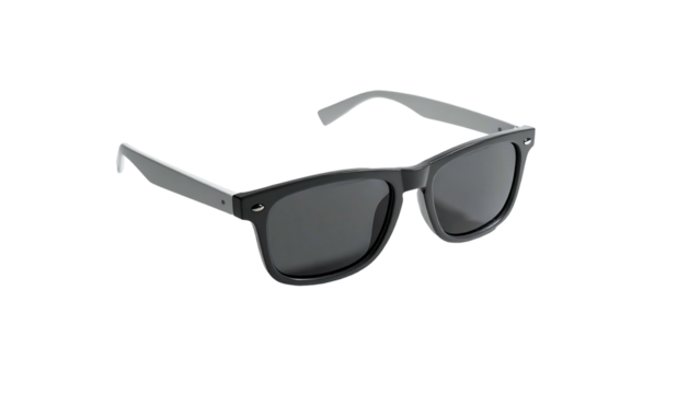 Sleek, black, square-framed sunglasses with dark gray lenses, subtly curved temples, and small, discreet accents at the temples and front
