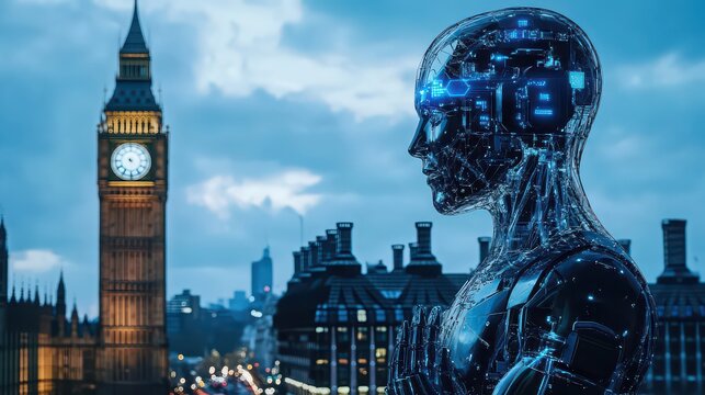 Futuristic robot standing in front of big ben in london, representing artificial intelligence in the uk
