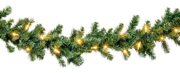 PNG Seamless decorative christmas border with coniferous branches and garlands of christmas lights pine accessories decoration.