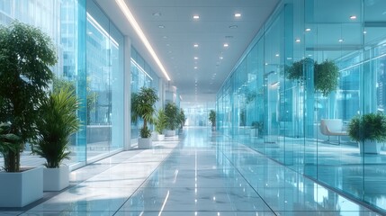 Contemporary Office Hallway with Glass Walls Light Blue Tinted Glass and Potted Green Plants Clean Lines and Bright Overhead Lighting