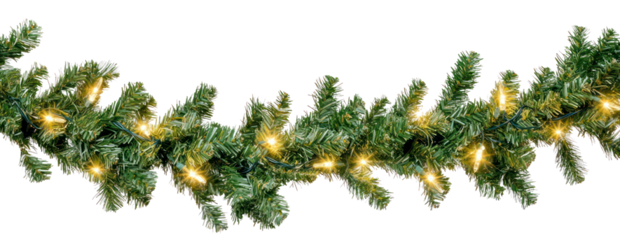 PNG Seamless decorative christmas border with coniferous branches and garlands of christmas lights pine accessories decoration.