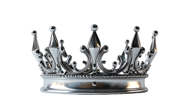 A gleaming silver crown, ornate with pointed arches, decorative detailing, and a beaded band, sits against a black backdrop