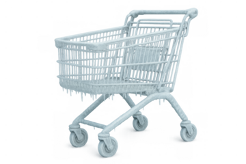 Frozen shopping cart with ice and icicles on transparent background