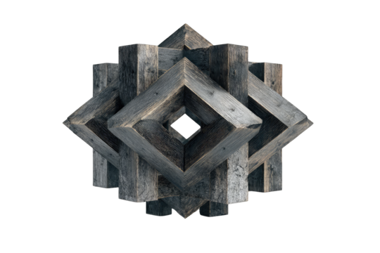 Intricate wooden puzzle sphere.  Complex, geometric, interlocking wooden pieces form a symmetrical, 3D sphere