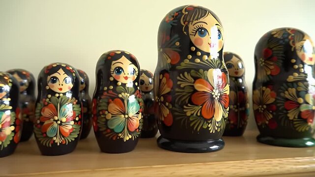 Hand Painted Nesting Dolls on Wooden Shelf
