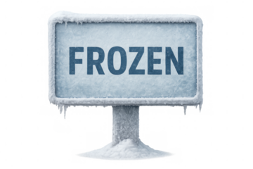 Frozen signboard displaying text with snow and ice on transparent background