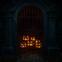 Fototapeta premium Glowing Jack O Lanterns Behind Rusty Metal Gate in Dark Stone Crypt with Fallen Leaves for Halloween Night