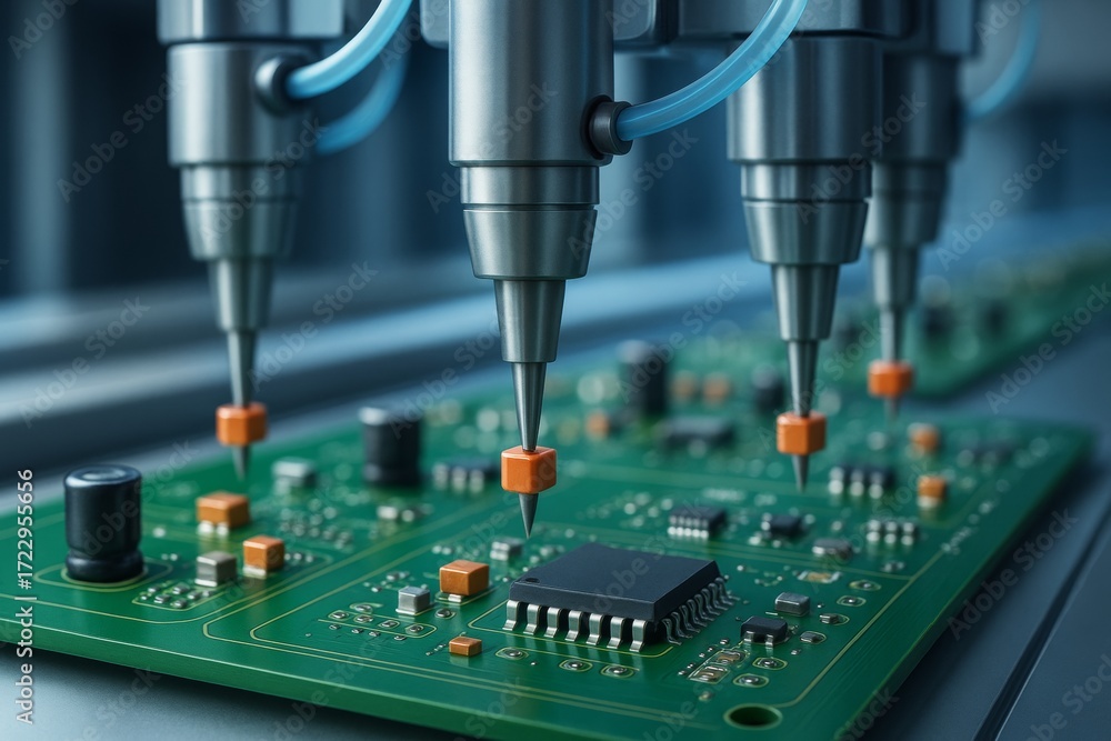Poster automated robotic arms placing electronic components on green circuit board in modern factory with s