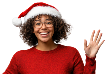 PNG Woman wearing a Santa hat and a red sweater happy portrait glasses.