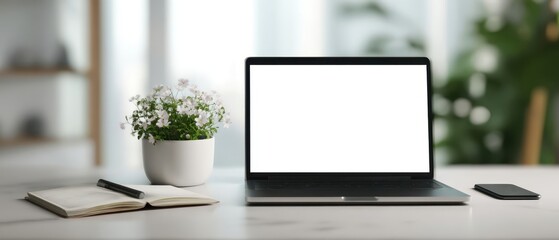 The stylish laptop surrounded by a modern workspace arrangement with flowers.