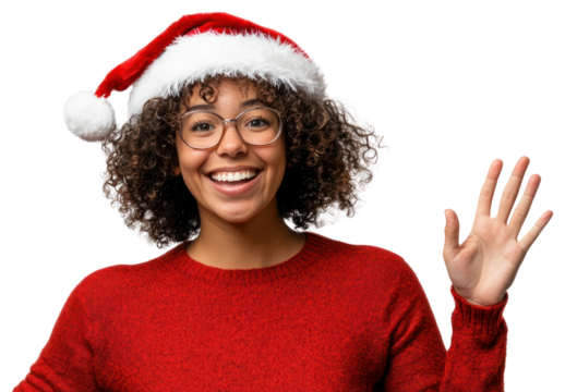 PNG Woman wearing a Santa hat and a red sweater happy portrait glasses.