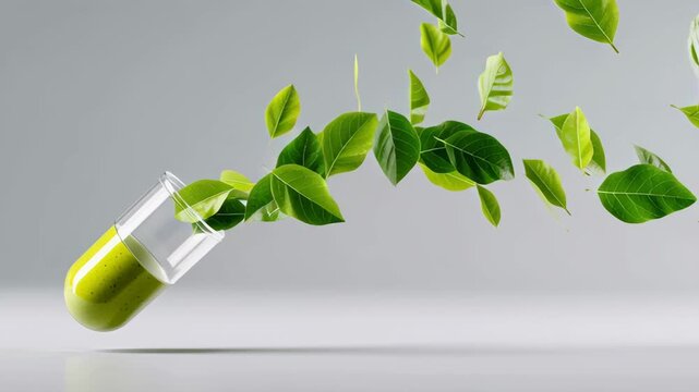 Green leaves burst from a transparent capsule filled with vibrant liquid, showcasing a dynamic flow of nature's essence, illustrating the connection between health and natural ingredients in a captiva