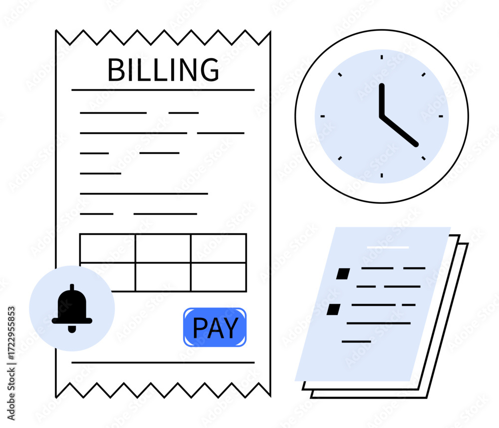 Poster billing receipt with payment button, clock showing time, notification bell, and open documents. idea