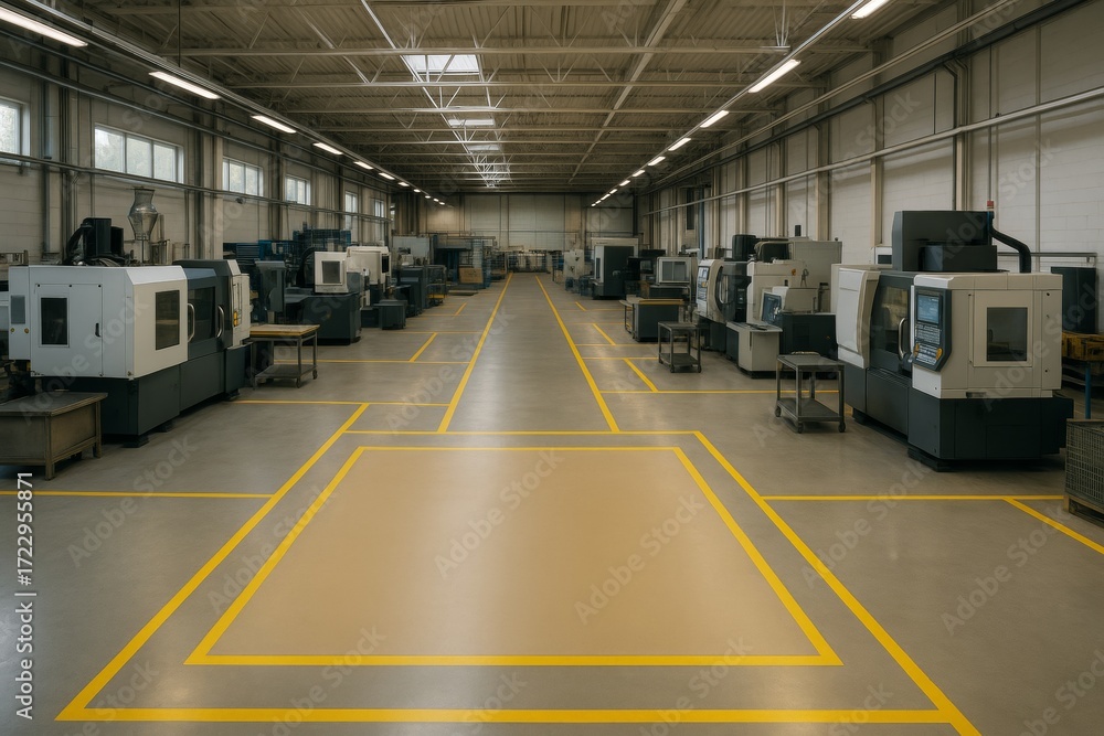 Poster Modern industrial CNC machine workshop with yellow-marked paths and clean layout under bright artificial light in spacious background concept. Ai generative
