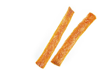 Dried Orange Fruit Leather Strips or Spicy Jerky Sticks Isolated on White Background