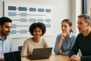 Diverse team of professionals collaborating at laptop during meeting in bright office with flowchart background. Business teamwork concept. Ai generative