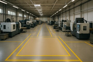 Modern industrial CNC machine workshop with yellow-marked paths and clean layout under bright artificial light in spacious background concept. Ai generative