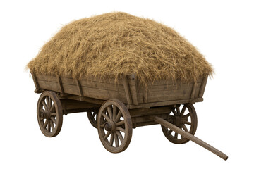 Old wooden cart carrying hay on transparent background
