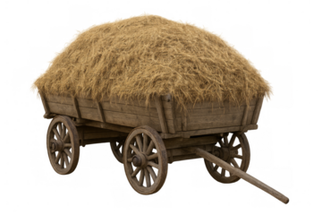 Old wooden cart carrying hay on transparent background