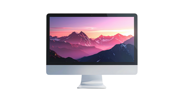 Sleek silver all-in-one desktop computer displays a vibrant mountain range sunset scene on its large screen