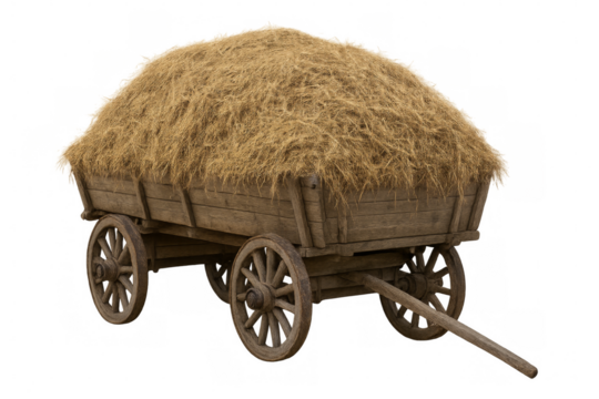 Old wooden cart carrying hay on transparent background
